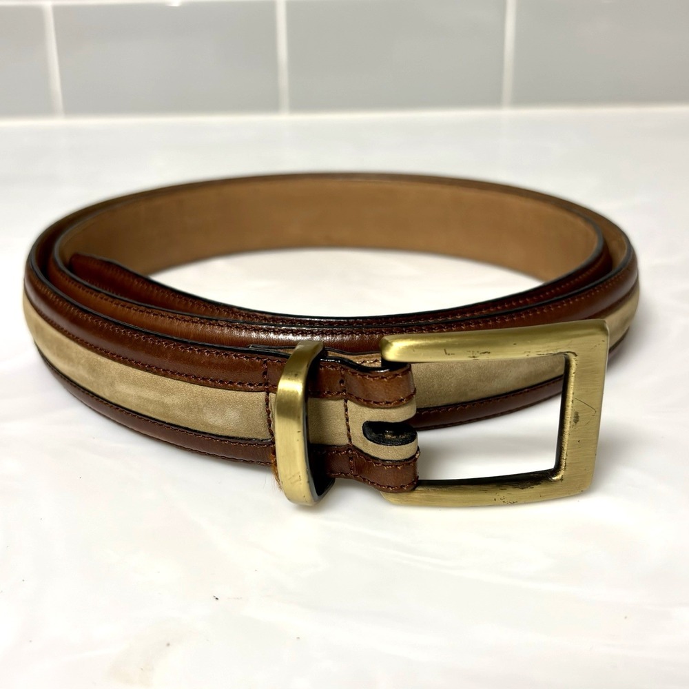 Cale Mens Belt Brown Size 42 Two Tone Leather Suede Center Brass Buckle